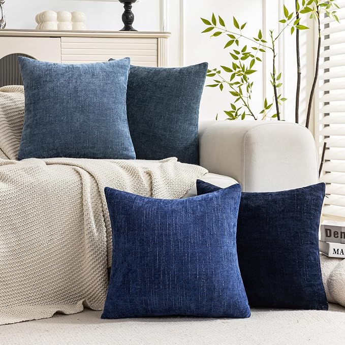 Set of 4 Soft Textured Decorative Throw Pillow Covers 18x18 Inch Cozy Farmhouse Cushion Cover Square Accent Pillow Cases for Bed Couch Sofa Living Room, Blue Series
