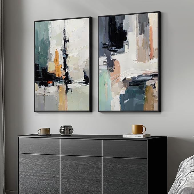 Framed Colorful Abstract Wall Art for Bedroom, Set of 2 Modern Canvas Prints Paintings Artwork for Walls, Bright Blue Green Multicolor Pictures for Living Room, Dining Room, Bathroom Wall Decor 16x24 In