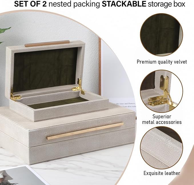 Set of 2 Beige Shagreen Decorative Storage Boxes with Lids PU Memory Boxes | 13.8/9.8inch PU Leather Large Nesting Organizer Bins with Gold Handles for Keepsakes, Photos, Modern Home Decor