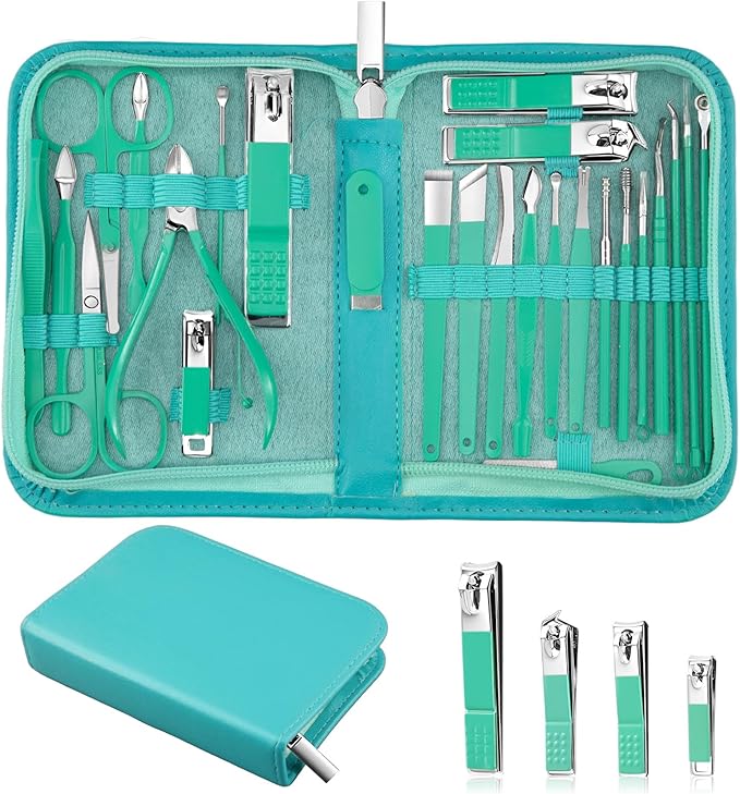 MINKINH Manicure Set Professional Nail Clipper Kit-26 Pieces Stainless Steel Manicure Kit,Nail Care Tools with Luxurious Travel Case Nail Grooming Kit Present for Men Woman Parent (Green)