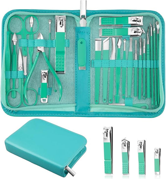 MINKINH Manicure Set Professional Nail Clipper Kit-26 Pieces Stainless Steel Manicure Kit,Nail Care Tools with Luxurious Travel Case Nail Grooming Kit Present for Men Woman Parent (Green)