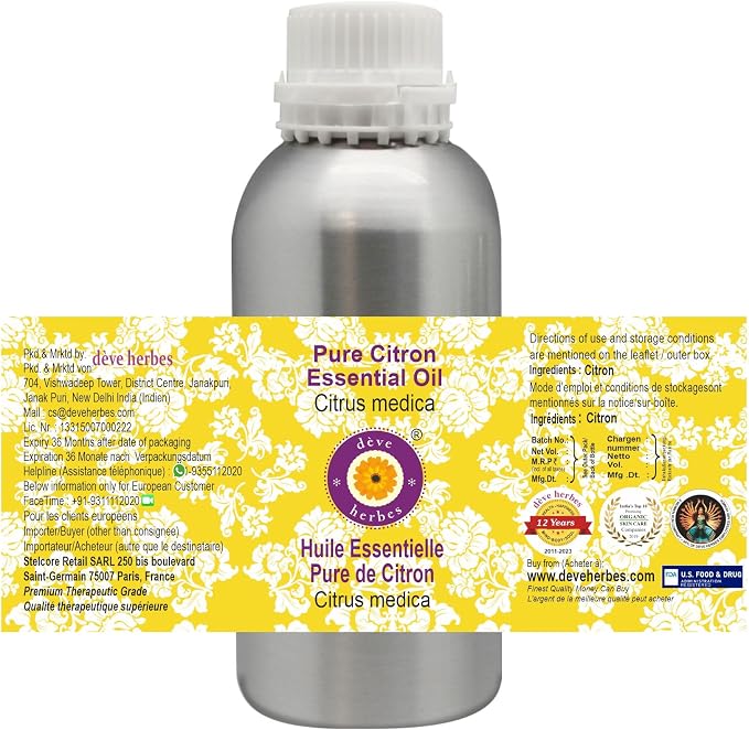 Deve Herbes Pure Citron Essential Oil (Citrus Medica) Steam Distilled 300ml (10 oz)