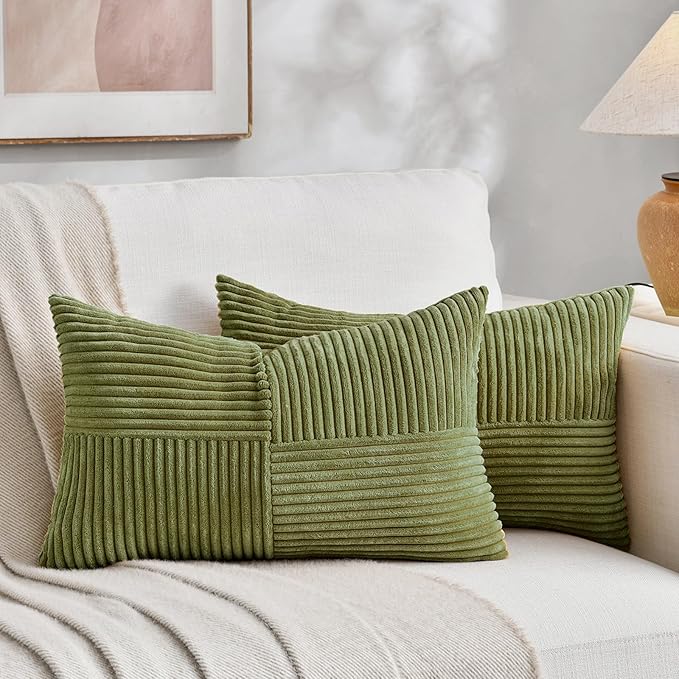 Fancy Homi Moss Green Lumbar Decorative Throw Pillow Covers 26x16 Inch for Living Room Couch Bed, Rustic Farmhouse Boho Home Decor, Soft Striped Corduroy Rectangle Accent Cushion Case 40x65 cm