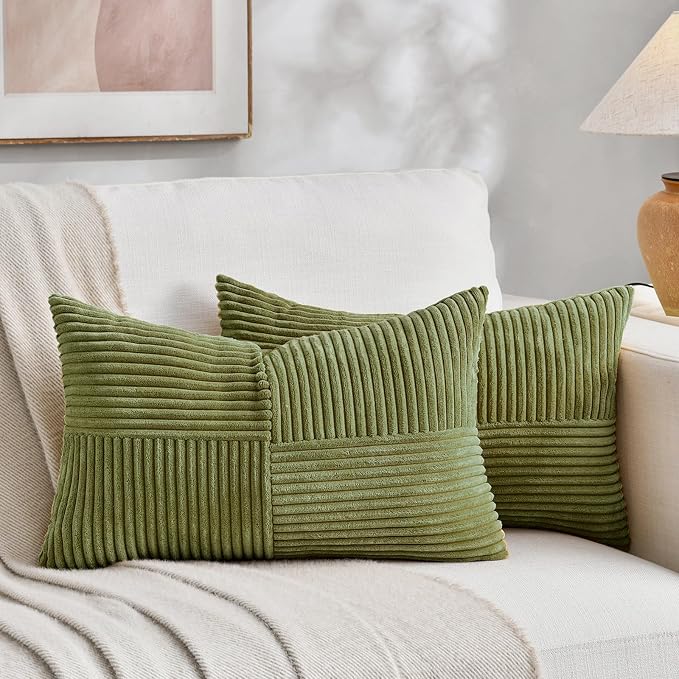 Fancy Homi Set of 1 Moss Green Long Lumbar Decorative Throw Pillow Covers 12x24 Inch for Couch Bed Sofa, Rustic Farmhouse Boho Home Decor, Soft Striped Corduroy Rectangle Accent Cushion Case 30x60 cm