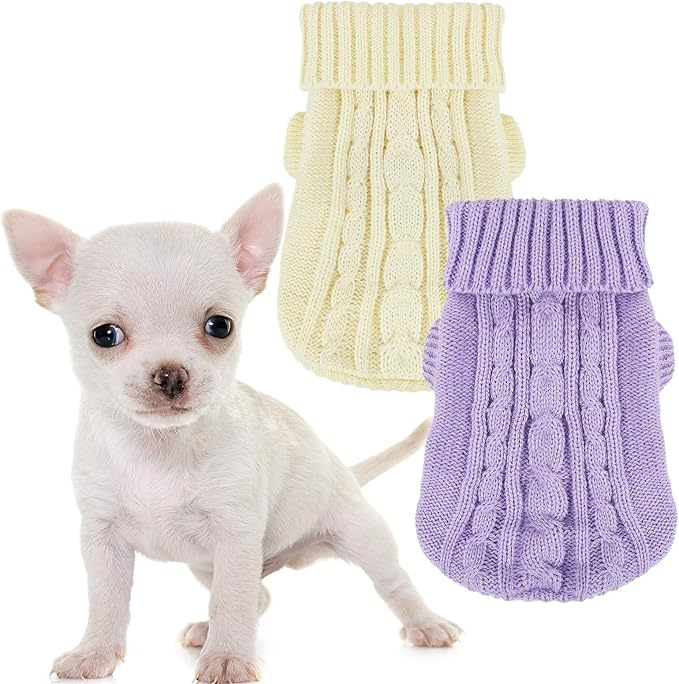 2 Pack Dog Sweaters for Small Dogs, Chihuahua Yorkie Sweater, Puppy Clothes Winter Warm Pullover Clothing, Pet Cat Cold Weather Puppy Cold Outfits M (Beige+Purple)