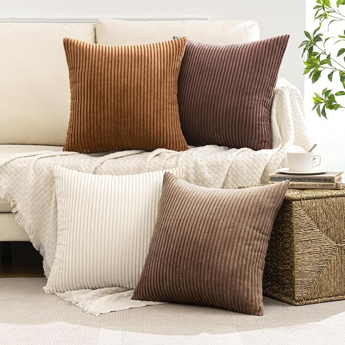 MIULEE Fall Corduroy Decorative Throw Pillow Covers Brown Series 18x18 | Set of 4, Mordern Rustic Fall Decor, Layered Brown Collection, Boho Farmhouse Cushion Covers for Couch Bed Sofa Living Room