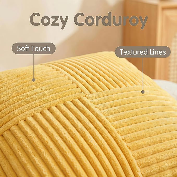 Fancy Homi 2 Packs Yellow Decorative Throw Pillow Covers 18x18 Inch for Living Room Couch Bed, Rustic Farmhouse Boho Home Decor, Soft Corss Corduroy Patchwork Textured Square Cushion Case 45x45 cm