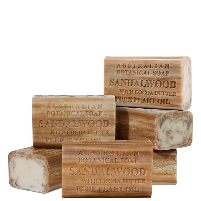 Australian Botanical Soap Sandalwood with Cocoa Butter 6.6 oz Luxury Soap Bars Enriched with Shea Butter, Suitable for Men, Women and All Skin Types, Pack of 6