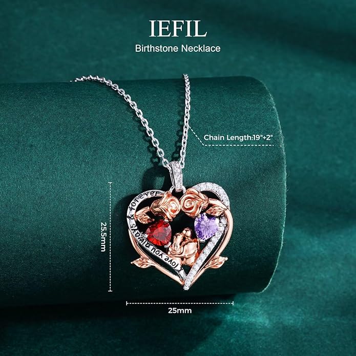 Iefil Valentines Gifts for Her Wife - 925 Sterling Silver Double Heart Birthstone Necklace, Anniversary Birthday Gifts for Women Wife Girlfriend