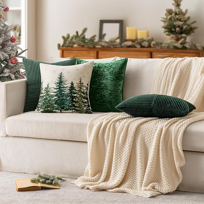 MIULEE Army Green Decorative Throw Pillow Covers for Couch 18x18 Inch | 2 Pack, Boho Farmhouse Pillow Covers, Soft Cross Corduroy Patchwork Textured Cushion Cases For Bed Sofa