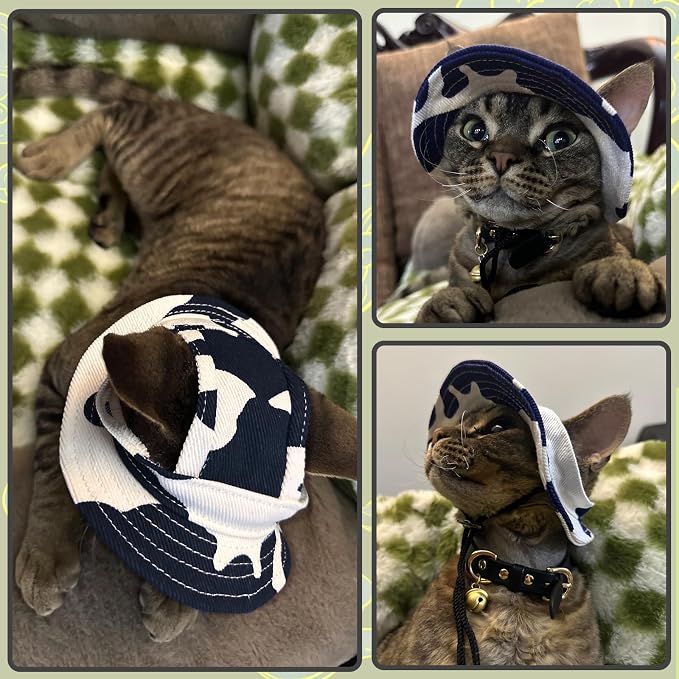 DENTRUN Cat Bucket Hat with Ear Hole, Cotton Birthday Bonnet for Small Pets | Breathable cotton, Adjustable Secures fit, For birthday Party, For small cats, daily cute photos