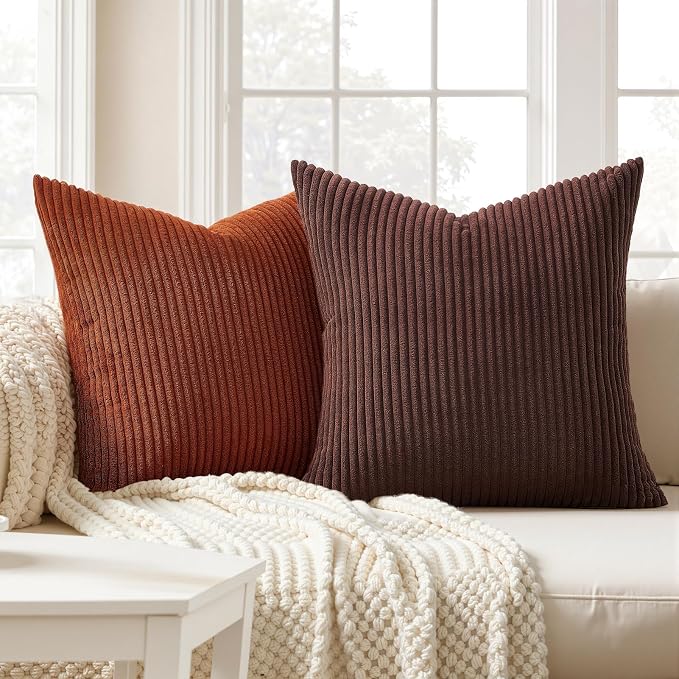 Topfinel Boho Throw Pillow Covers 18x18 Inch Set of 4 Soft Farmhouse Corduroy Striped Decorative Cushion Cover Beige Brown Gradient Rustic Pillow Case for Sofa Couch Living Room Bedroom