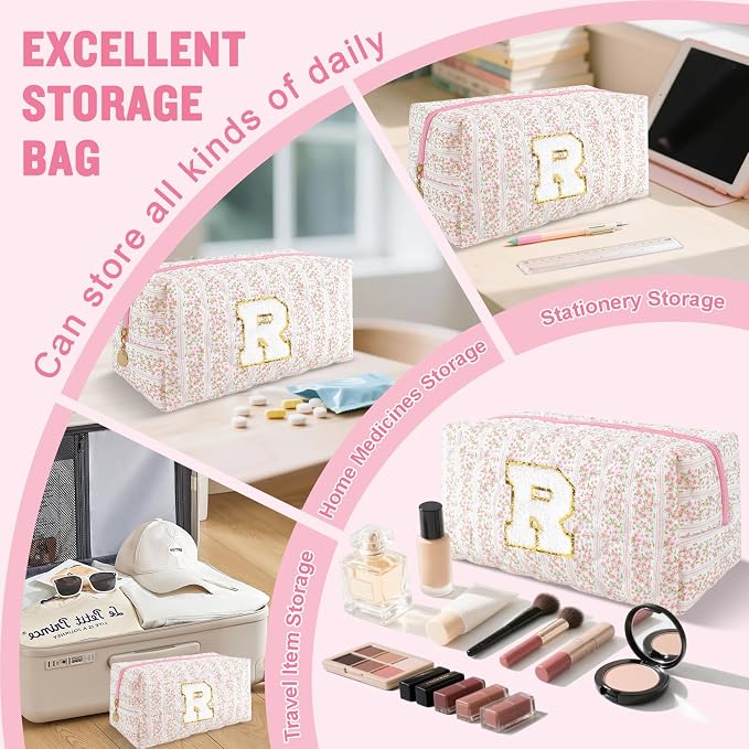 Personalized Quilted Cosmetic Bag, Puffy Monogrammed Christmas Birthday Gifts for Women & Girls, Cute initial Floral Makeup Bag Puffer Coquette Bag, Aesthetic Travel Toiletry Zipper Pouch(Pink,R)