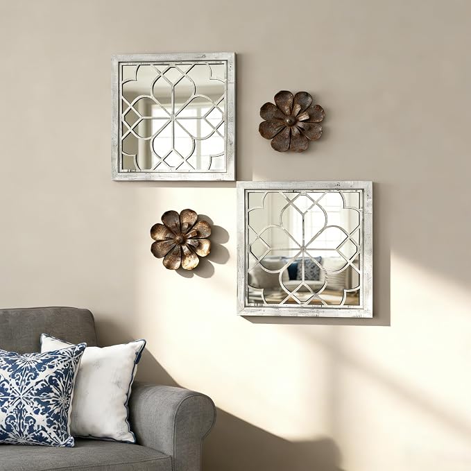 Set of 2 18 Inch Large Square Grey Window Pane Wall Mirrors, Shatterproof Rustic Farmhouse Boho Vintage Accent Mirrors for Living Room, Bedroom, Bathroom, Entryway & Home Decor