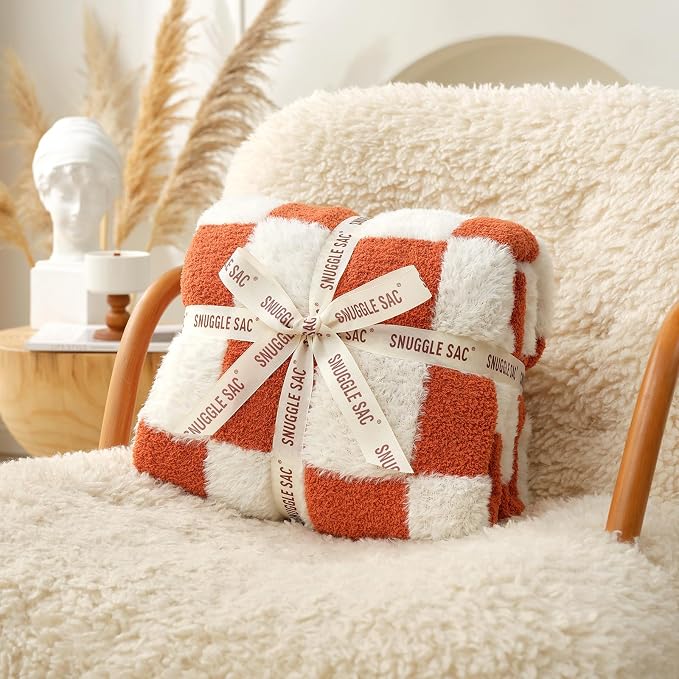 Snuggle Sac Orange Throw Blanket for Fall,Soft Twin Size Fall Checkered Blanket for Couch, Cozy Faux Fur Knit Microfiber Blankets for Sofa, Bed, Orange Checker,60x80 inches