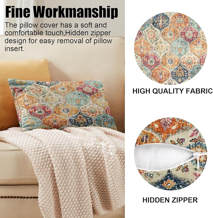 Boho Throw Pillow Covers 12x20 inch Set of 2,Soft Pillowcases Bohemia Carpet Printing Pattern Decorative Sofa Living Room Bed Rectangle Pillow Case Cushion Cover-Cream Color