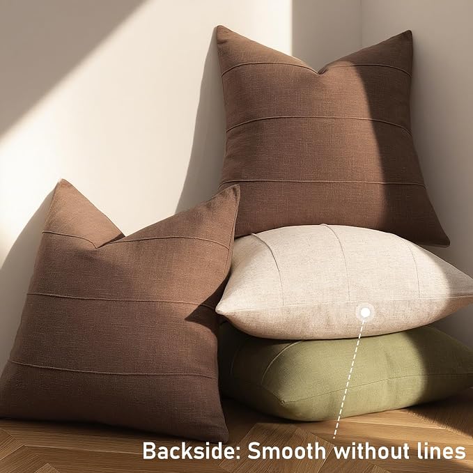 Decorative Linen Throw Pillow Covers 20x20 Set of 2 Solid Handcrafted Striped Cushion Covers for Bed Soft Modern Farmhouse Neutral Pillowcase for Couch Bedroom Living Room Home Decor(Brown)