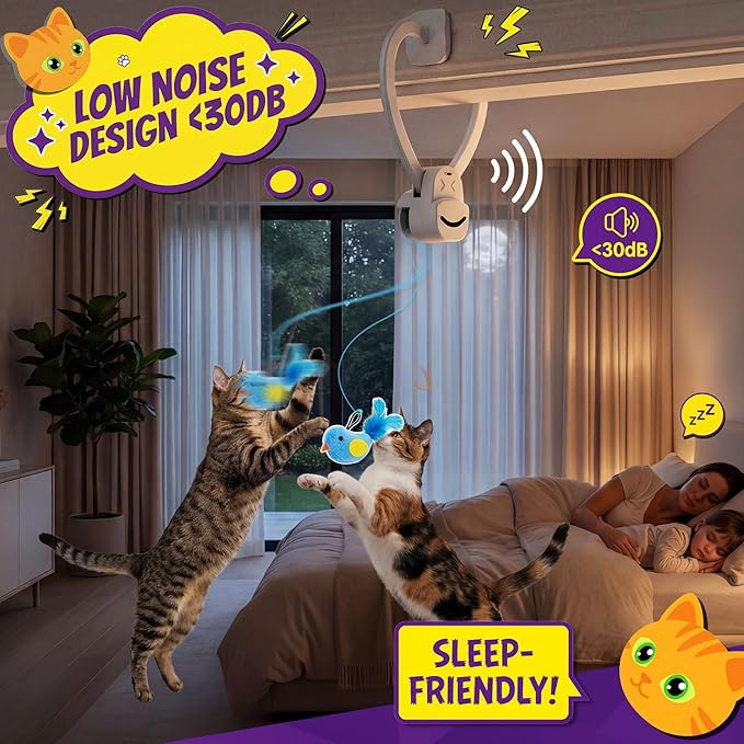 Interactive Cat Toys for Indoor Cats, Clip-On Automatic Flying Bird | USB Rechargeable Self-Play with Interchangeable Bird & Mouse Attachments for Bored Kittens and Adult Cats