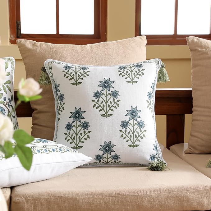 Designer Linen Throw Pillow Cover,Set of 2,18"x18"-Mosella B | Vintage Elegant Square Decor Pillow Cover,Concealed Zipper Design,Floral Pattern,Sofa,Bedroom,Living Room,Lounge Chairs