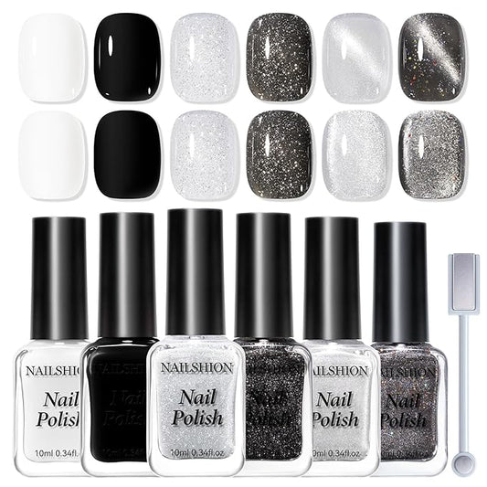 Nail Polish Set 6 Colors Black White Silver Gray Sparkle Cat Eye Glitter Shimmer Nail Polish Kit with Magnet, Quick Air Dry Non Gel, Nail Art DIY Home Travel Manicure Gift for Women Girls