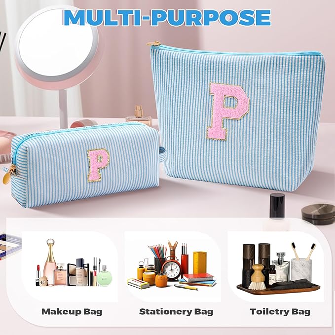 Personalized Makeup Bag for Women Girls - Fashion Cosmetic Bag Trendy Travel Toiletry Bag with Initials Letter - Teen Gifts - Blue,P
