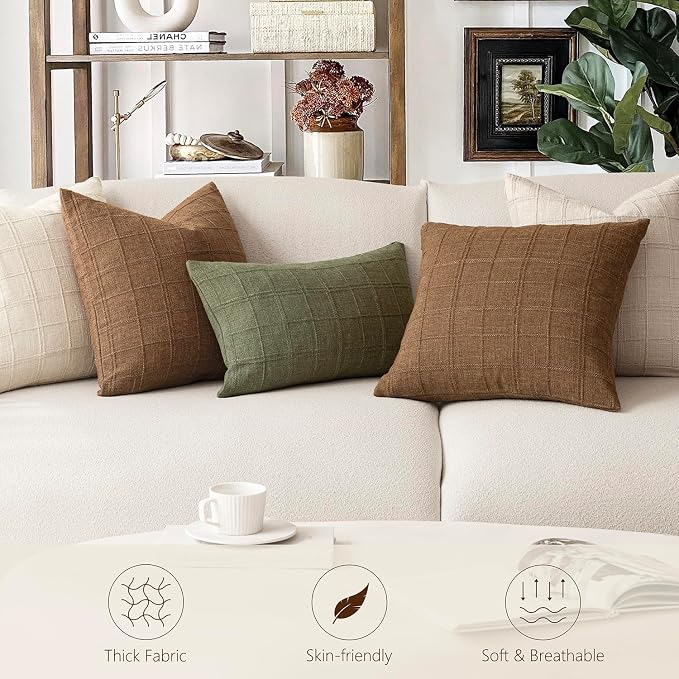 Foindtower Set of 2 Decorative Linen Check Throw Pillow Covers Neutral Farmhouse Vintage Cushion Covers Modern Boho Home Decor for Sofa Chair Couch Bedroom Living Room,22×22 Inch,Natural Beige