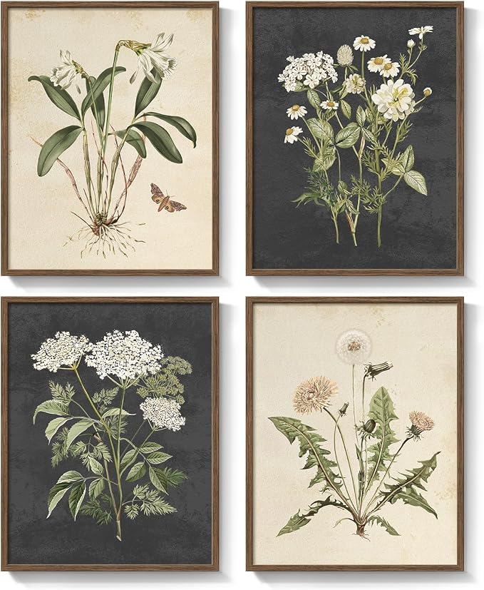Framed Vintage Botanical Floral Wall Art for Living Room, 4 Piece 12x16 In | Farmhouse wall decor, Flower pictures, Rustic retro paintings, Ready to hang canvas prints, Kitchen bedroom bathroom decor