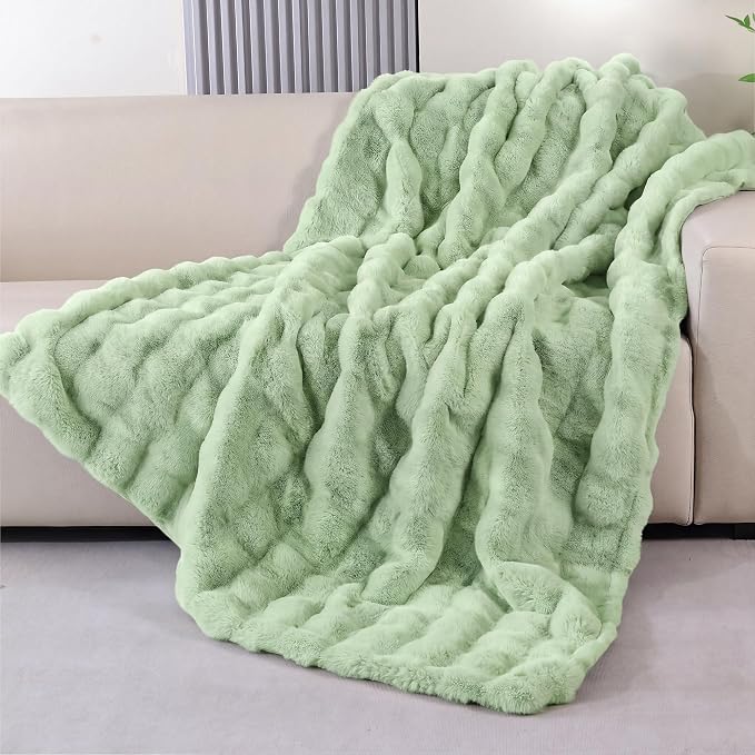 Sage Green Faux Fur Throw Blanket for Couch, Snuggly Double-Sided Bubble Plush Blanket with Soft Flannel Back,Decorative Gift for Sofa or Bed, Machine Washable, 50 x 60, 860 GSM
