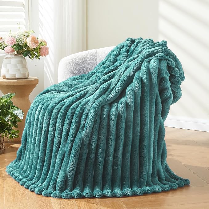 NEWCOSPLAY Fleece Ribbed Cozy Throw Blanket for Couch, Light Teal, 50"x60" | Premium Silky Flannel Blanket, Soft Lightweight Fluffy Throw Blanket for Bed Sofa Decor, Gift for All Season Use