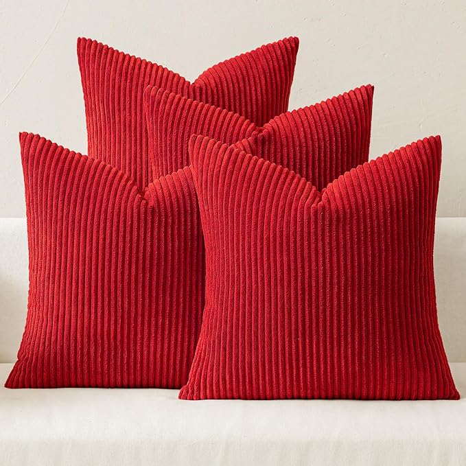 MIULEE Soft Corduroy Decorative Throw Pillow Covers Christmas Red 18x18 | Set of 4, Mordern Nordic Christmas Decor, All Same Color Set, Boho Farmhouse Cushion Covers for Couch Bed Sofa Living Room