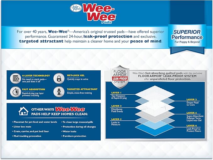Four Paws Wee-Wee Superior Performance Dog Pee Pads, 100 Count | Quilted leak-proof puppy pads, dog housebreaking & potty training, 24-hour floor protection, pet supplies, 22" x 23"