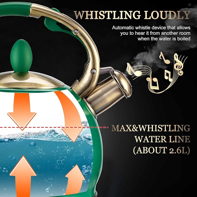 SUSTEAS Stove Top Whistling Tea Kettle - Food Grade Stainless Steel Teakettle Teapot with Cool Touch Ergonomic Handle, With 1 Silicone Pinch Mitt Included, 2.64 Quart (Green)