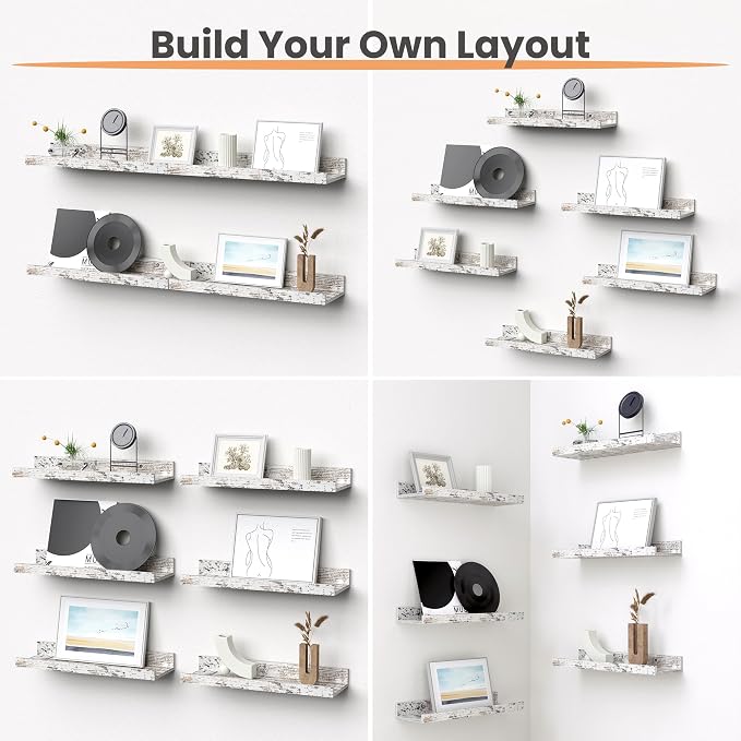 upsimples Floating Shelves for Wall Decor Storage Rustic White,6Pcs 15.7'' | Wall Mounted Wood Shelves for Living Room, Bedroom, Bathroom, Kitchen, Office, Laundry Room Display and Organize
