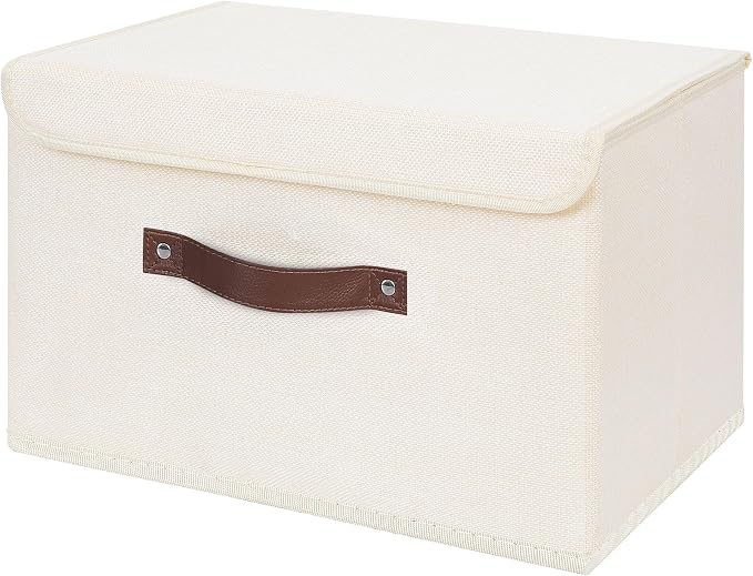 ANMINY Fabric Storage Box Bins with Lids, Beige, 15"x10"x10" | Keepsake Memory Storage, Cotton Linen, PP Board Reinforced, Washable, PU Handles, Foldable & Stackable, Decorative, Large