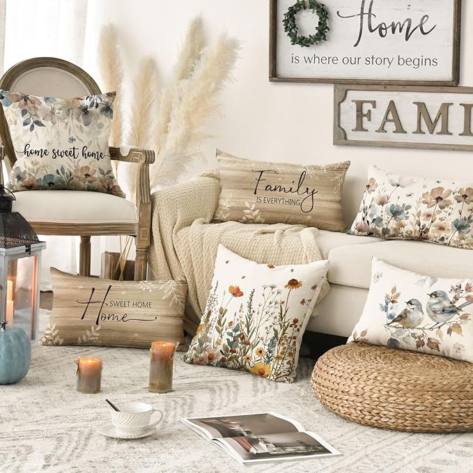AVOIN colorlife Chinoiserie Poppy Flowers 12x20 Inch Pillow Covers Set of 4 | Chickadee Home Sweet Home Floral Seasonal Autumn Harvest Decoration for Sofa Couch Farmhouse Living Room Decor