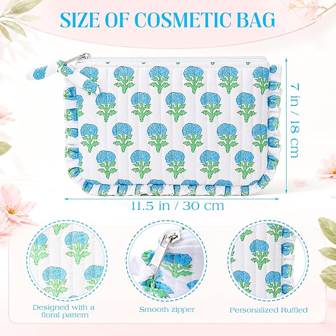 Gilprop Floral Makeup Bag Cute Cosmetic Bags for Women Travel Toiletry Bag with Ruffles Large Capacity Zipper Makeup Pouch Purse Organizer for Girls Brushes Skincare