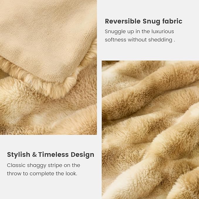Cozy Bliss Deluxe Striped Rabbit Faux Fur Throw Blanket, Soft Fluffy Warm Plush Blanket for Winter, Modern Homr Decor, Tie-dye Khaki 50"x60"