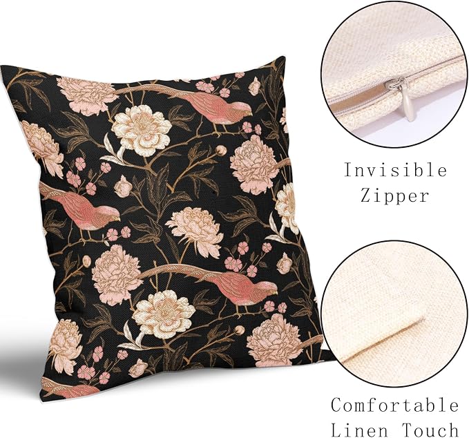 Pink White Roses Floral Pillow Covers 20X20 Inch Set of 2 Retro Flowers Birds Gold Leaf Decorative Pillow Cases Art Vintage Black Cotton Linen Cushion Case Home Decor For Sofa Couch Porch Outdoor