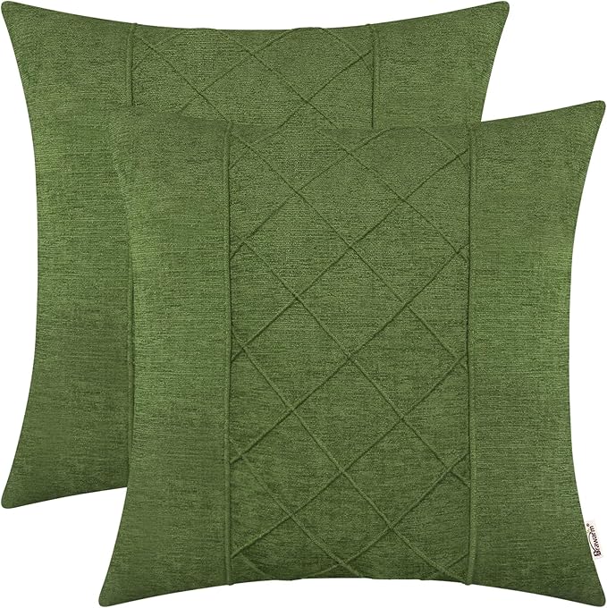 BRAWARM Chenille Throw Pillow Covers 18x18 Inches, Forest Green, 2 Pack | Decorative Pleated Pillow Covers, Soft Cushion Cases for Sofa Bed Living Room Home Farmhouse (No Insert)