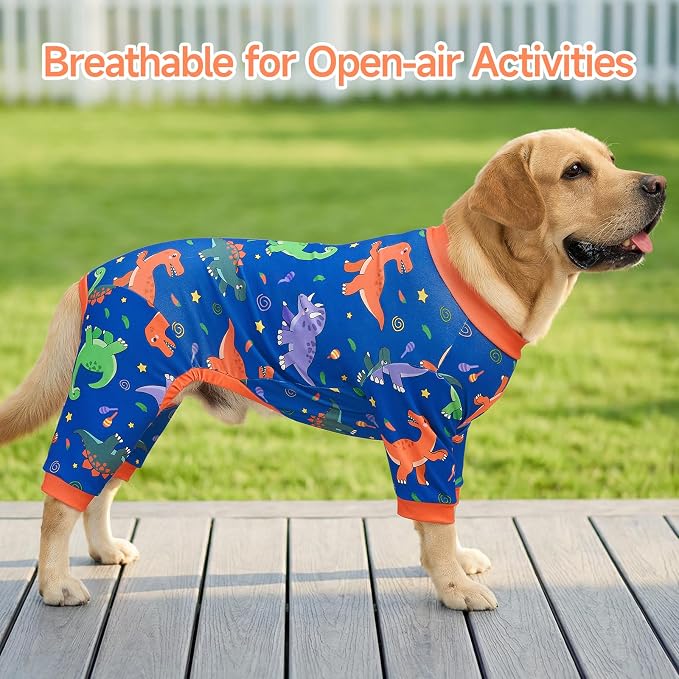 XPUDAC 2 Pack Dog Pajamas for Large Sized Dog, 4-Way Stretch Soft Dog Onesie Lightweight Warm Pet Clothes Jammies for Large Breeds Dinosaur Print, 7XL