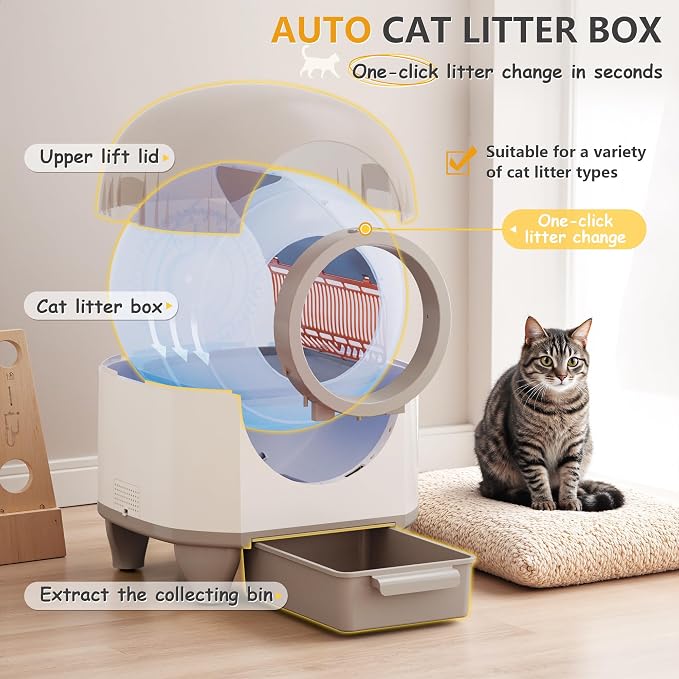 WARCAT Self-Cleaning Litter Box – 90L, APP, Sensors, Brown | 90L large capacity for multiple cats. APP-controlled with smart sensors. Safety protection. Includes mat & 1 garbage bag.