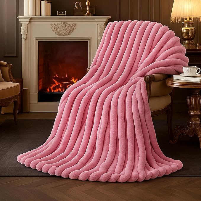 Faux Fur Throw Blanket for Couch, Cozy Fuzzy Fluffy Fur Luxurious Soft Striped Plush Gift Blankets for Family Sofa Chair Bedroom, 55"x70", Pink