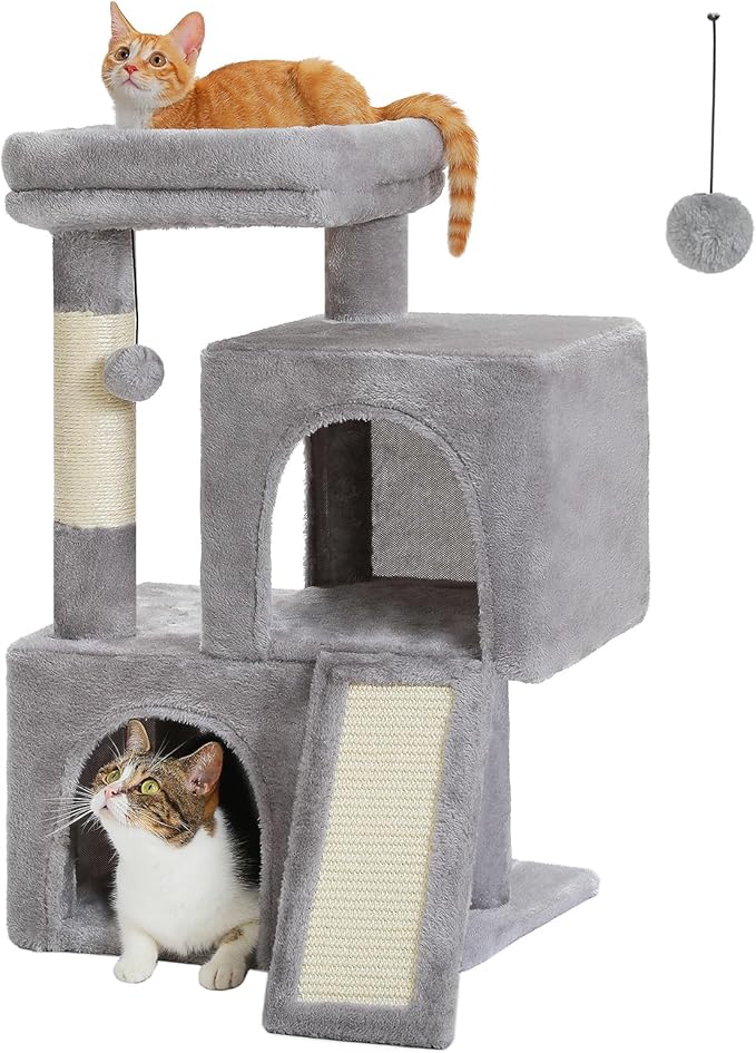 PAWZ Road 30" Cat Tower, Small Cat Tree with 2 Condos for Indoor Cats | cat trees for small cats,cat houses with scratching ramp and posts,dual condos&top perch for multi-cat