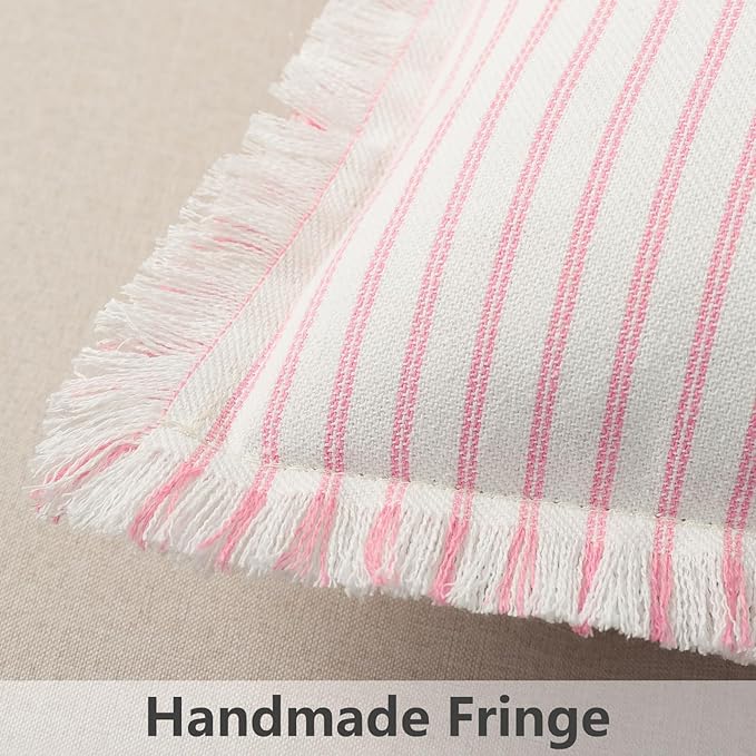 Throw Pillow Covers 18x18 Set of 2 Striped Pillow Covers with Fringe Chic Cotton Decorative Pillows Square Cushion Covers for Sofa Couch Bed Living Room Farmhouse Decor (Pink)