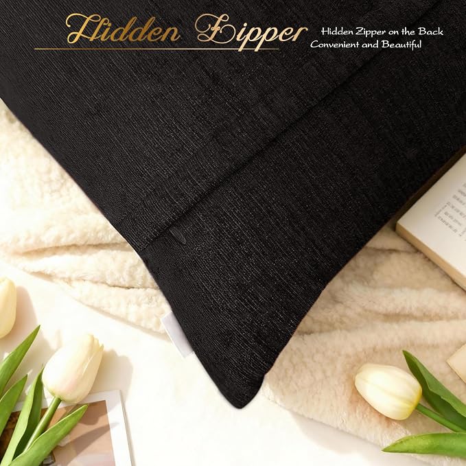 BRAWARM Chenille Throw Pillow Covers 12x20 Inches, Black, 2 Pack | Decorative Lumbar Pleated Pillow Covers, Soft Cushion Cases for Sofa Bed Living Room Home Farmhouse (No Insert)
