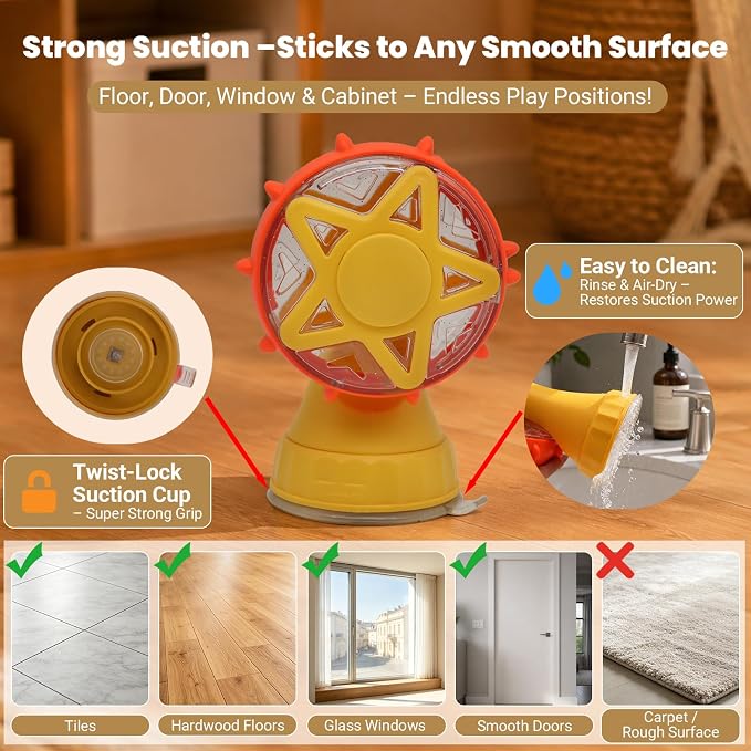 2 in 1 Ferris Wheel Interactive Cat Toy, Treat Dispenser Puzzle Feeder with Twist-Lock Suction Cup Base & Teaser Wand with Bells, Slow Feeder Enrichment Toy for Indoor Cat Boredom Relief