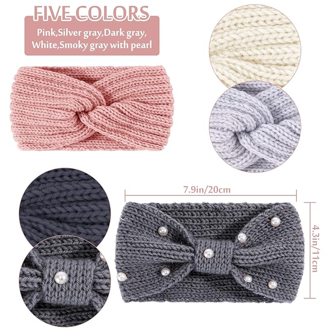 Whaline 5 Pieces Winter Knit Headbands Chunky Knit Headbands,4 Elastic Turban Head Wraps and 1 Pearl Crochet Hair Band, Ear Warmer Crochet Head Wraps for Women Girls (Pink & Gray Colors)