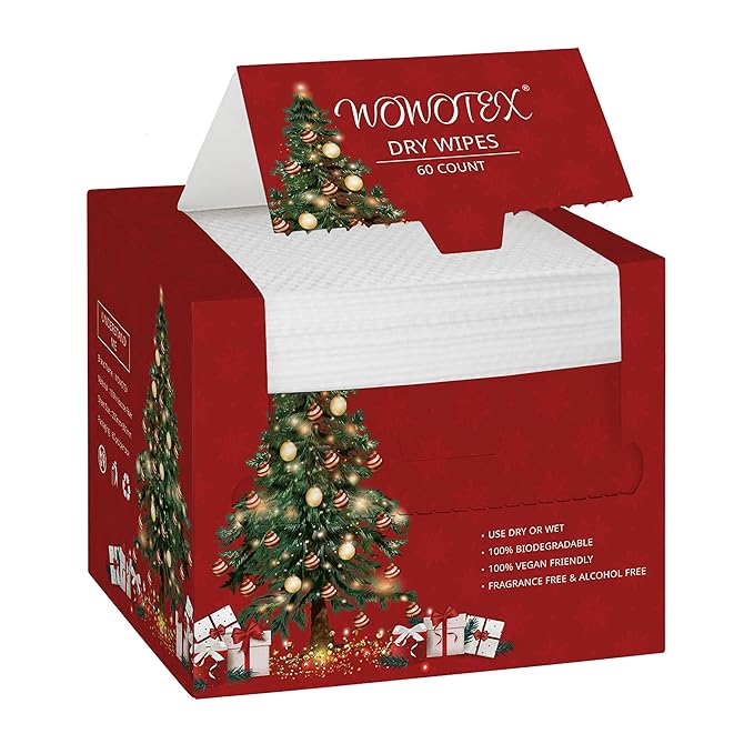 Christmas Style WOWOTEX Disposable Face Towel Biodegradable Large Dry Wipes 60 Count/Box Extra Thick Soft Clean Facial Towels for Sensitive Skin, Makeup Removing, Cleansing, Nursing, 10"×12"