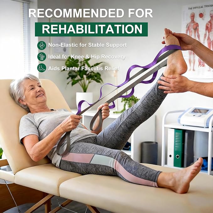 Acozycoo Stretching Strap with Loops,Non-Elastic Yoga Strap for Physical Therapy,Knee Replacement Recovery & Plantar Fasciitis,Leg Stretcher Band for Flexibility & Hamstring Rehab