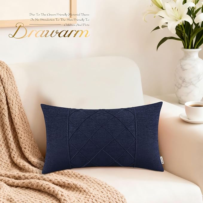 BRAWARM Chenille Throw Pillow Covers 12x20 Inches, Navy Blue, 2 Pack | Decorative Lumbar Pleated Pillow Covers, Soft Cushion Cases for Sofa Bed Living Room Home Farmhouse (No Insert)